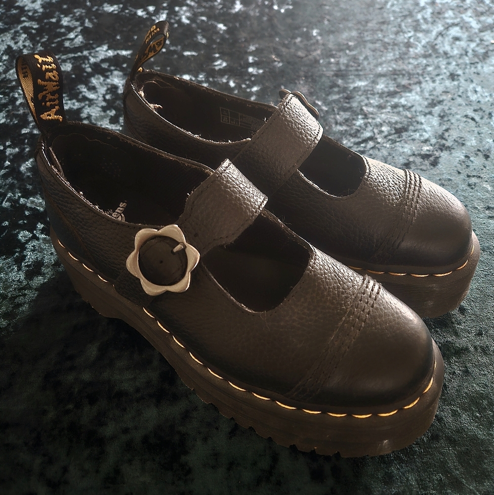 Dr. Martens Doc Martens Black Platform Mary Janes, flower buckle